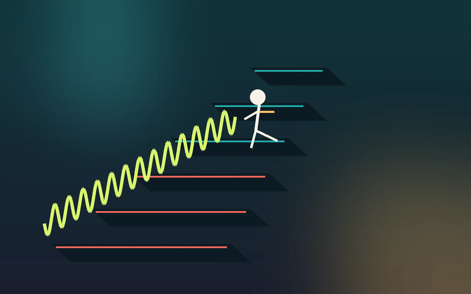 Ritmo entre plataformas Ilustração original de uma sequência de plataformas e ondas sonoras que representam ritmo e intensidade
