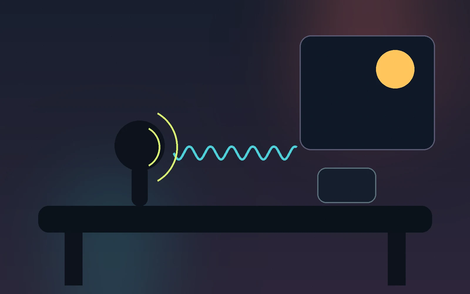 Jogar com volume controlado Ilustração original de um microfone num ambiente noturno com ondas sonoras suaves e um telemóvel